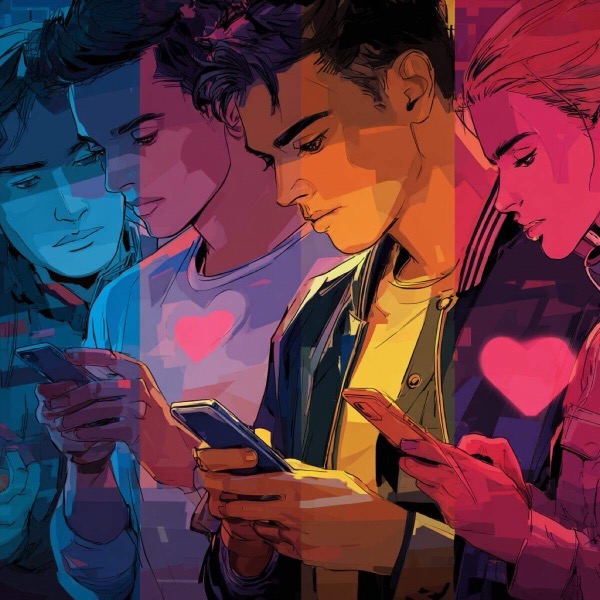 Adam4Adam scam stop prevention - male users with phones and hearts showing dating app romance scam protection