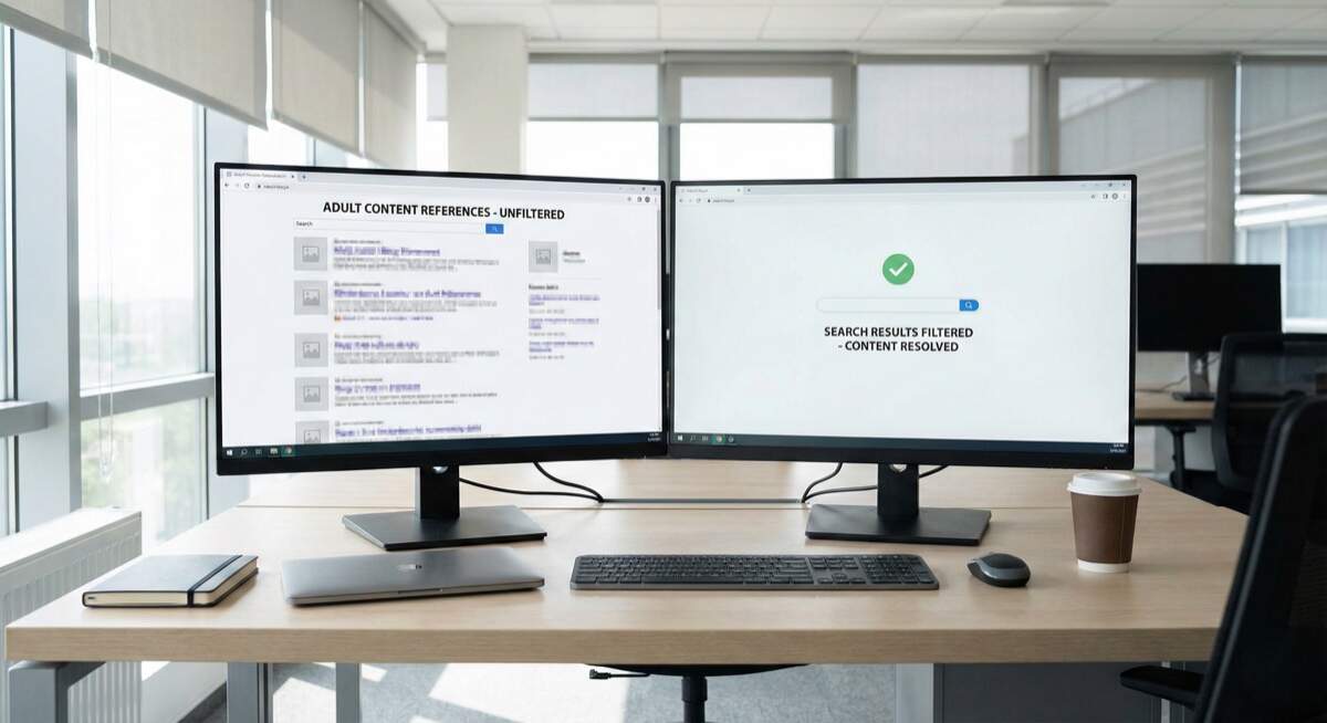 Adult content removal destroying life career - dual monitors showing adult content search results filtering and successful content removal confirmation protecting professional reputation