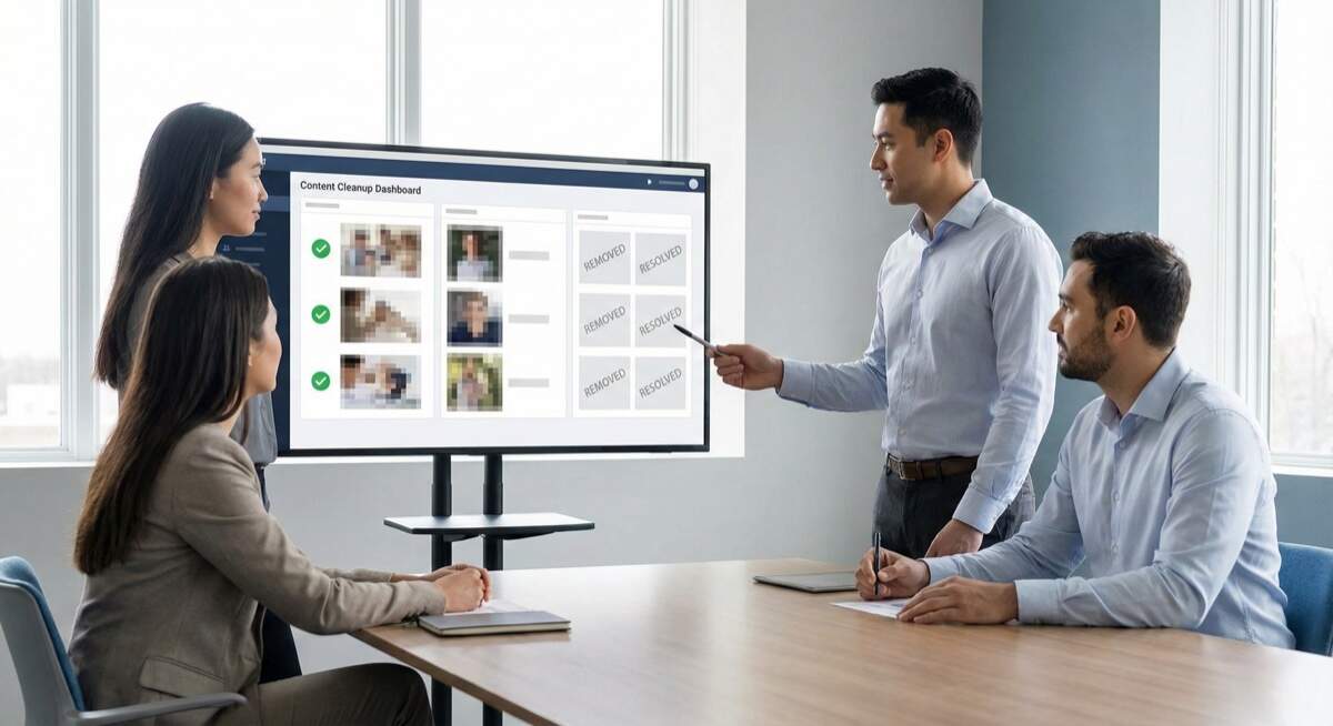 Adult content removal hourly damage - professional team meeting reviewing content delisting database showing successful removal progress and urgent items requiring immediate action