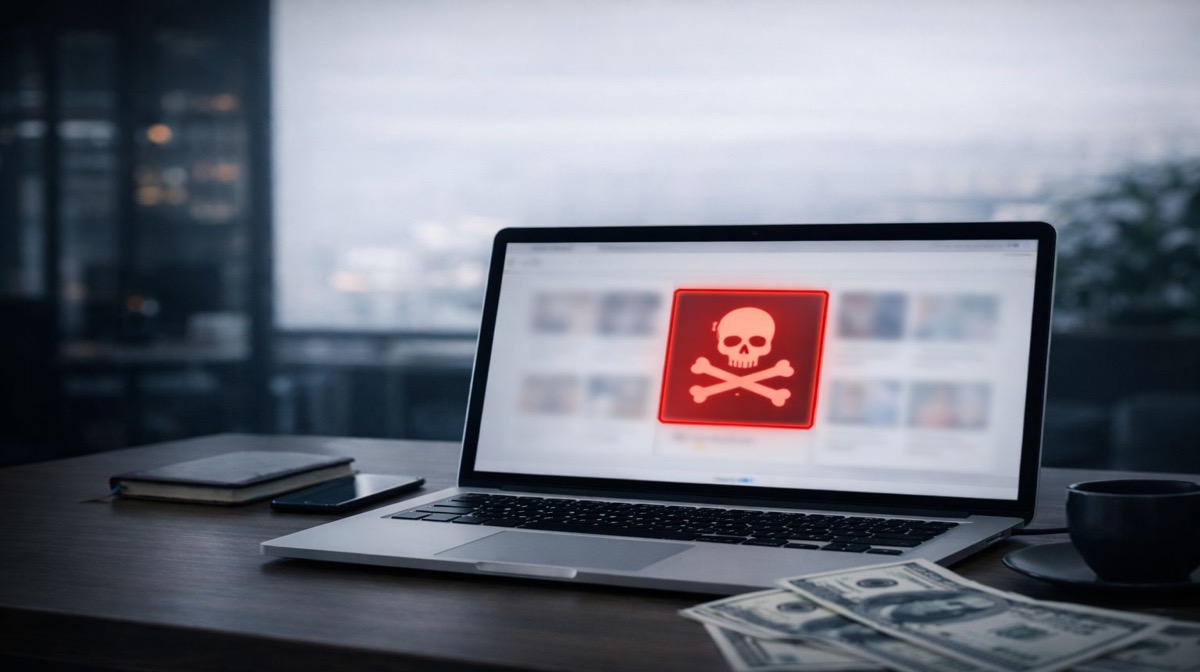 وكالة مكافحة القرصنة - تحديات القرصنة المؤسسية - حاسب محمول يعرض تحذير قرصنة مع رمز جمجمة ومحتوى مشوش يظهر تهديد انتهاك حقوق النشر مع أموال