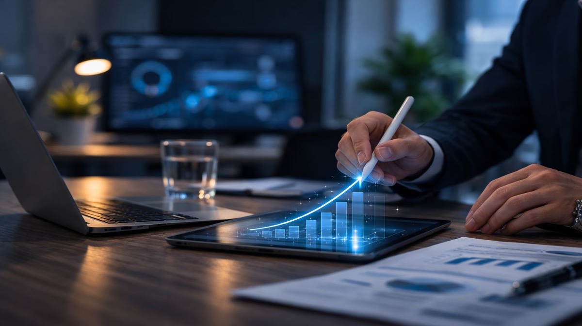 وكالة مكافحة القرصنة - نتائج مثبتة - محترف يحلل مقاييس نجاح مكافحة القرصنة المؤسسية وتحليلات النمو على جهاز لوحي مع تصور بيانات ثلاثي الأبعاد