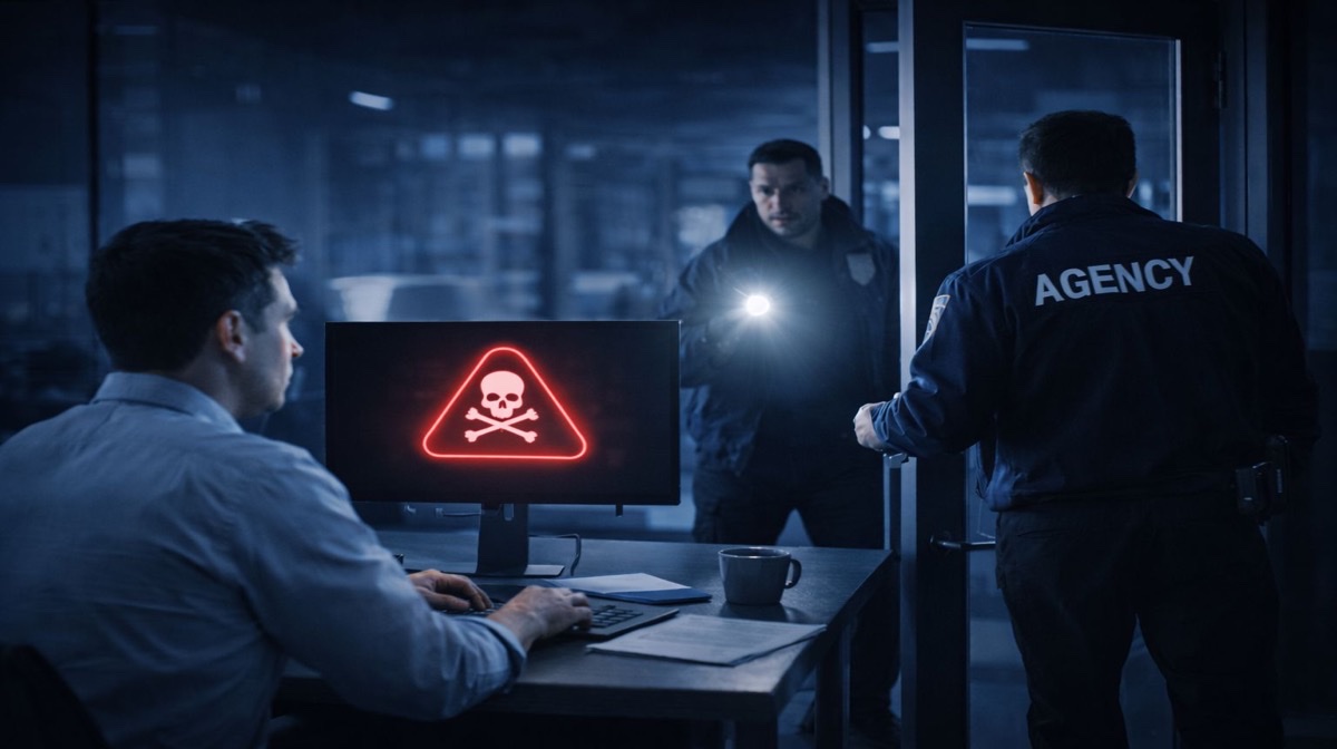 وكالة مكافحة القرصنة - استجابة فورية - فريق وكالة احترافي في مركز عمليات الأمن السيبراني يستجيب لتهديد قرصنة مؤسسية مع تحذير معروض على الشاشة