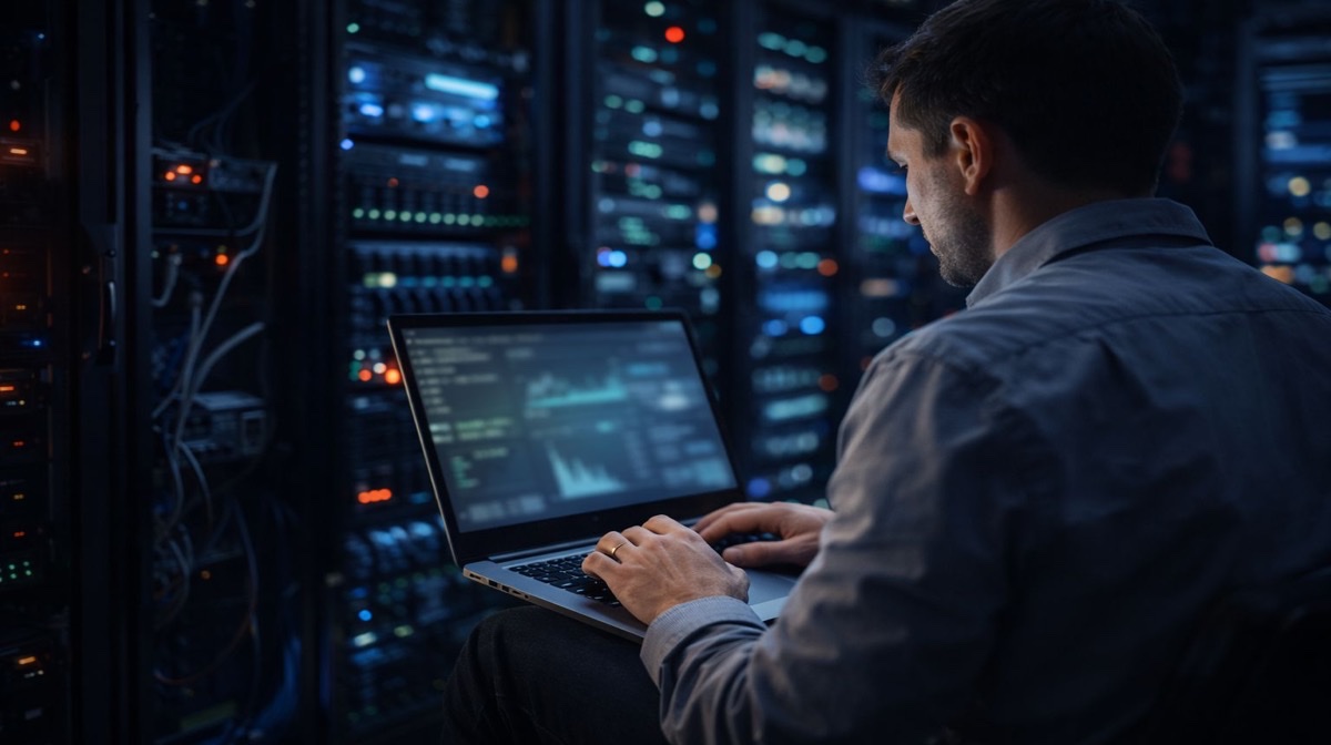 برامج مكافحة القرصنة - فشل الأساليب اليدوية - متخصص في الأمن السيبراني يراقب أنظمة الكشف عن القرصنة وتنبيهات التهديدات في مركز عمليات غرفة الخوادم