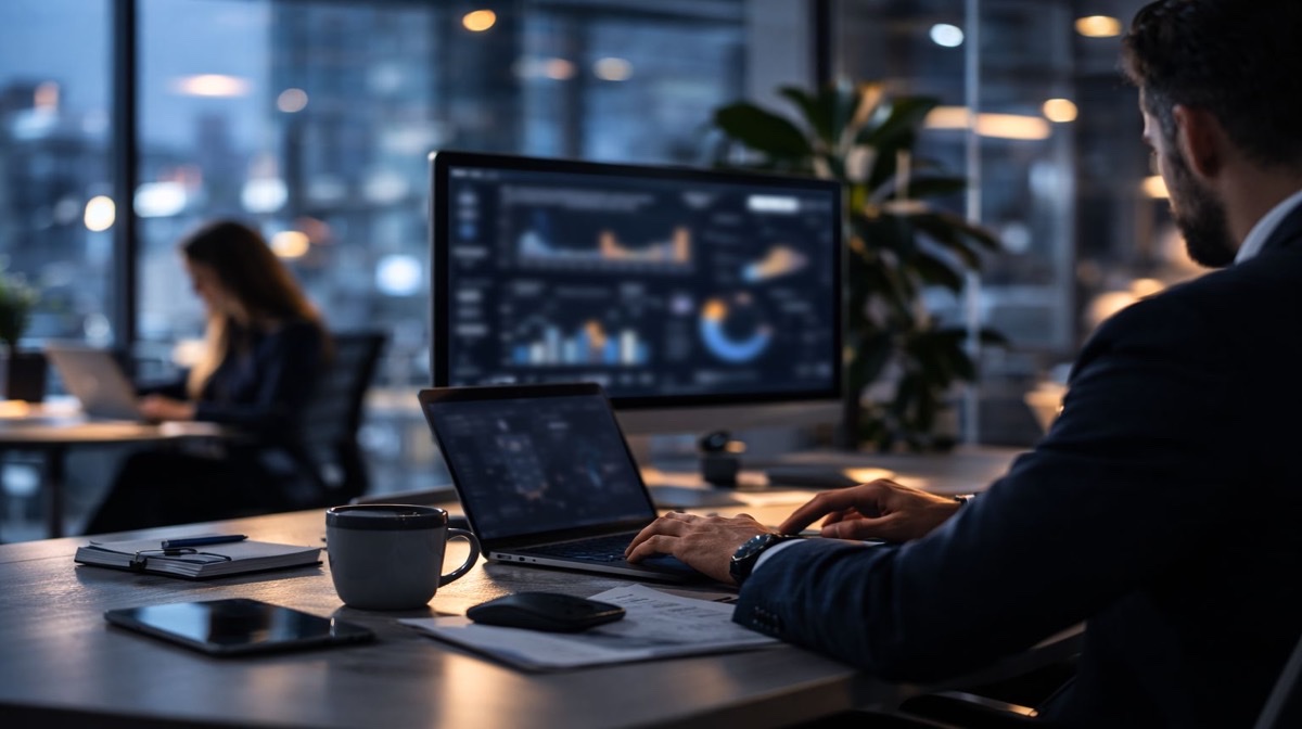 حل برامج مكافحة القرصنة - نتائج مثبتة - متخصص يحلل مقاييس أداء برامج مكافحة القرصنة ولوحات التحليلات على جهاز كمبيوتر محمول في بيئة مكتبية حديثة