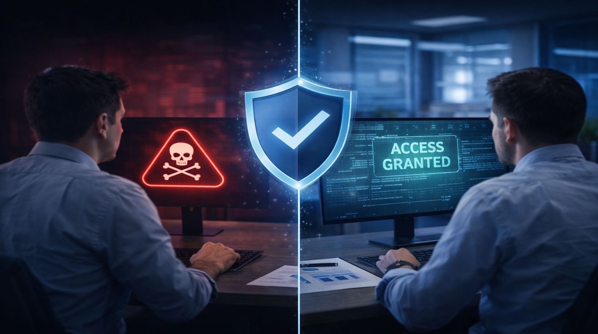برامج مكافحة القرصنة ضرورية - تصور شاشة مقسمة يظهر تحذير تهديد القرصنة مقابل حماية أمان البرمجيات مع التحكم في الوصول في مركز عمليات الأمن السيبراني