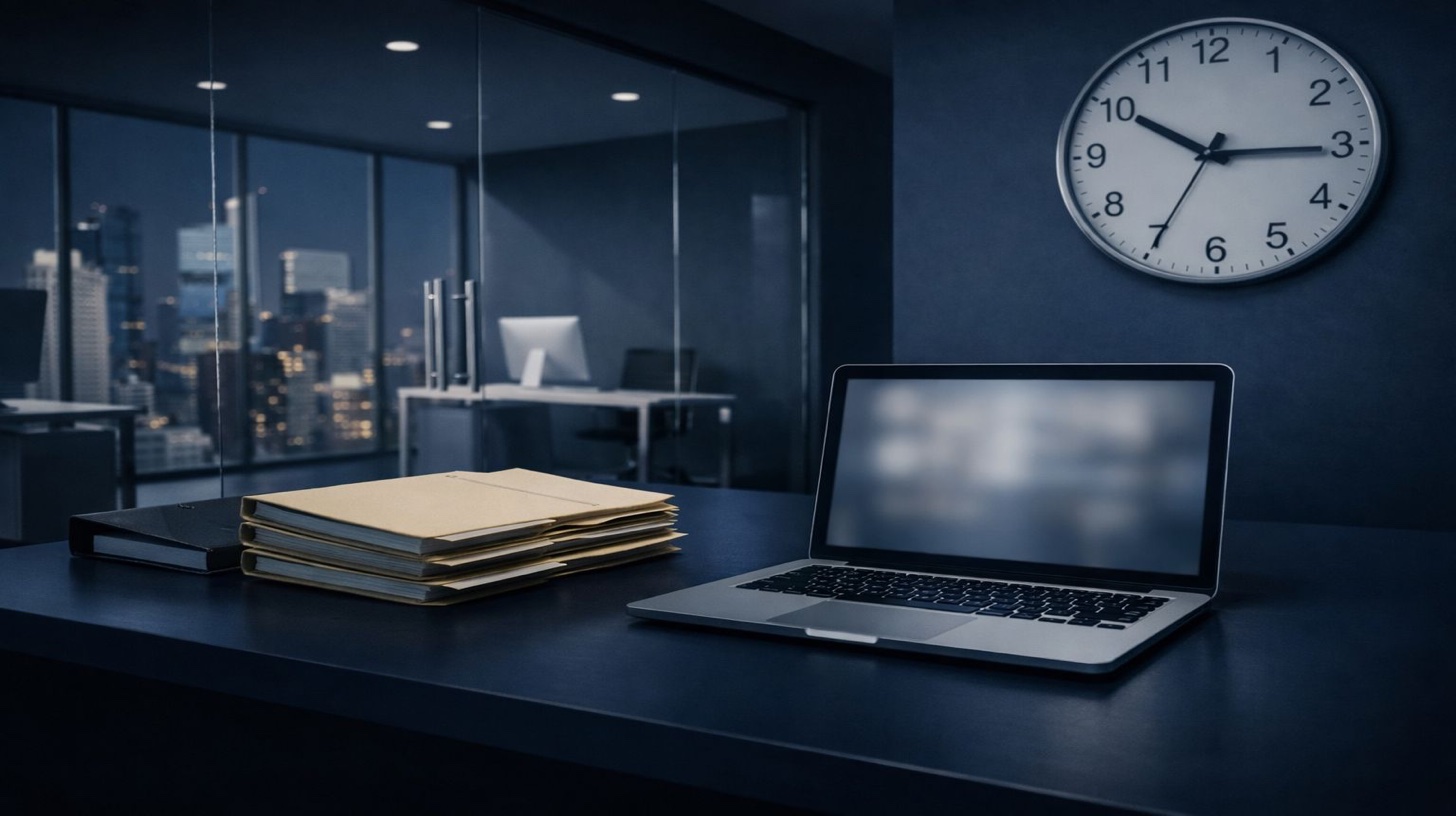 سجلات الاعتقال تكلف الفرص - مكتب حديث مع حاسوب محمول وملفات مكدسة وساعة بارزة على الحائط تمثل ضغط الوقت العاجل من سجلات الاعتقال التي تسبب خسارة يومية لفرص التوظيف والتقدم المهني والمصداقية المهنية مما يتطلب إجراء إزالة فورية