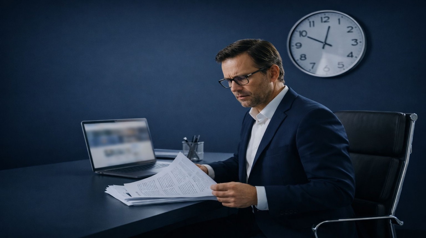 سجلات الاعتقال تدمر المستقبل - محترف في بدلة عمل يراجع مستندات على مكتب مع حاسوب محمول وساعة تمثل ضغط الوقت من سجلات الاعتقال التي تسبب رفض التوظيف والضرر المهني وفقدان الفرص مما يتطلب إزالة فورية