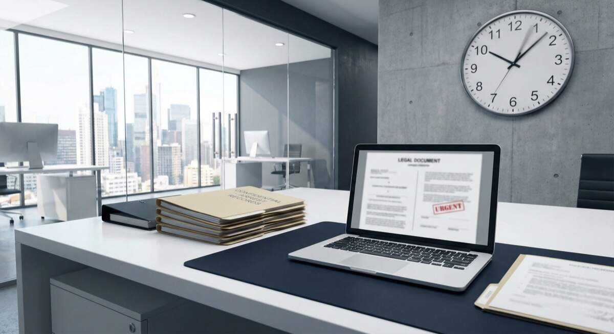 Arrest records removal every day costs opportunities - office workspace with legal documents and clock showing time-sensitive nature of removing criminal records to protect career opportunities