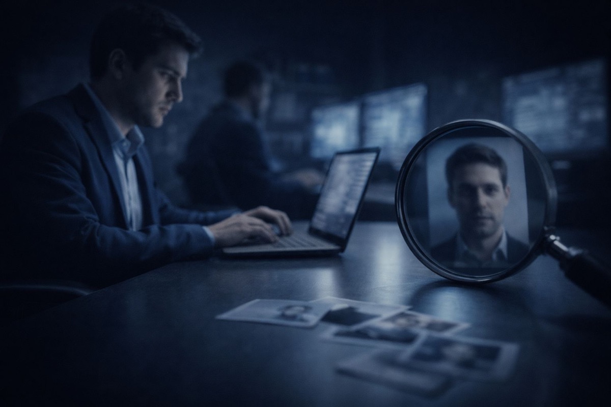 أفضل خدمات إدارة السمعة عبر الإنترنت - مشهد تحقيق مظلم مع حاسب محمول وعدسة مكبرة تفحص تهديدات السمعة عبر الإنترنت وكشف الهوية الرقمية