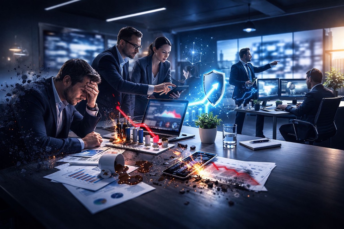 أفضل خدمات إدارة السمعة عبر الإنترنت - أزمة مكتب فوضوي مع رسوم بيانية متراجعة ومقاييس مكسورة وضرر سمعة عاجل يتطلب تدخلاً احترافياً فورياً