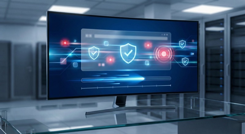 Bing DMCA takedown - cybersecurity monitoring dashboard showing threat detection shields for copyright violation protection