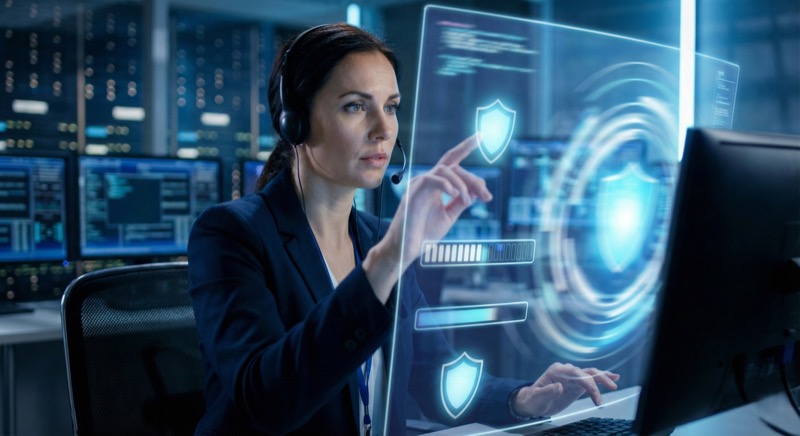 Expert Bing DMCA takedown - cybersecurity specialist managing holographic threat detection interface for copyright protection