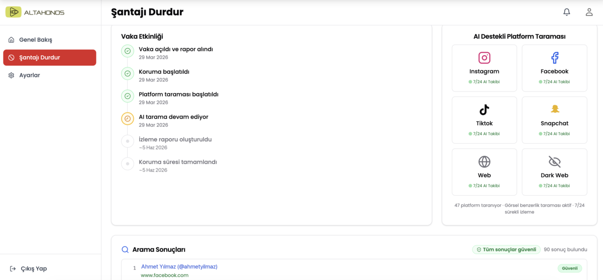 Altahonos Şantajdan Koruma müşteri paneli - vaka durumu ve platform taraması ekranı