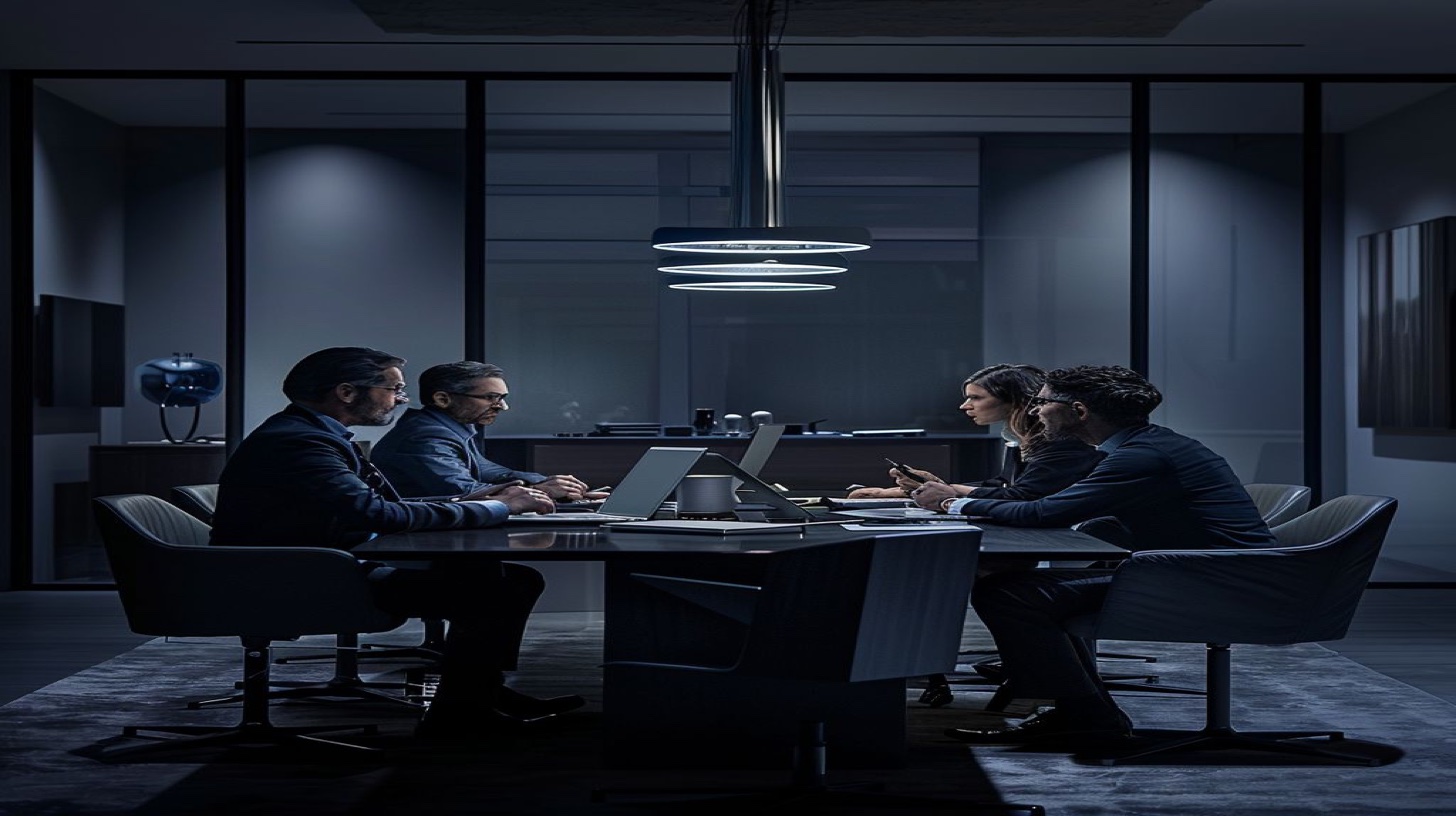 Blind ID blackmail strategic meeting - cybersecurity professionals and crisis management experts collaborating on anonymous chat app threat analysis and developing comprehensive intervention strategy