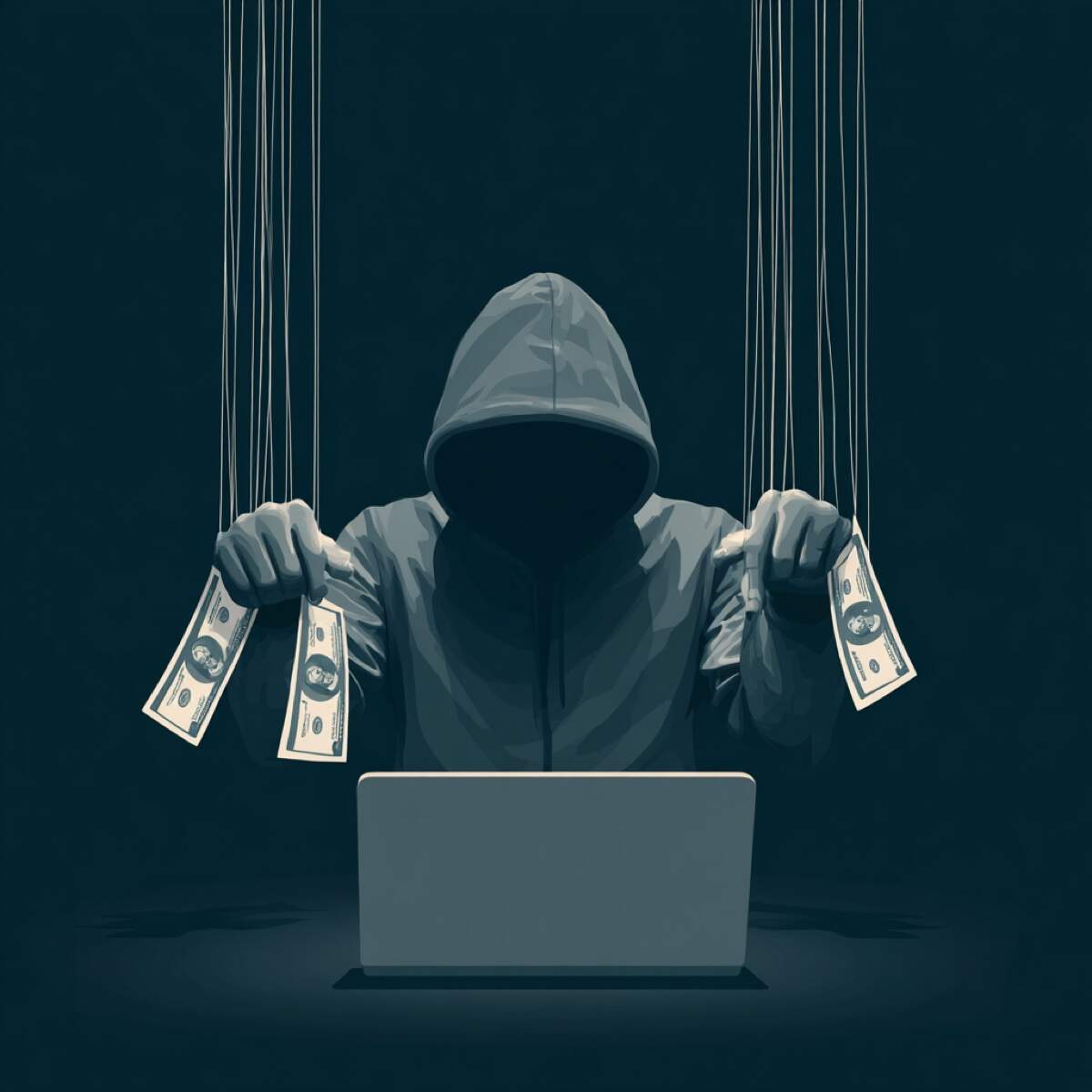 Brand abuse counterfeiting cost - hooded figure with laptop manipulating money strings representing financial exploitation and revenue theft through online brand counterfeiting