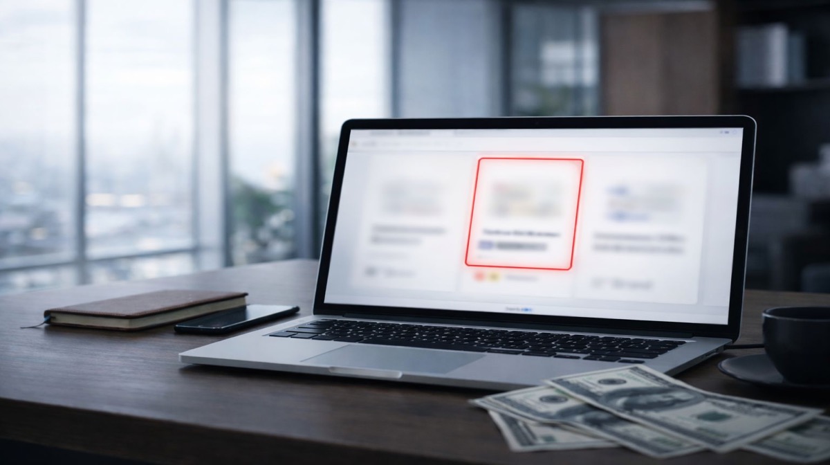 Brand protection platform pain hidden threats - laptop displaying blurred content with red alert warning box and cash showing daily brand damage from unmonitored threats