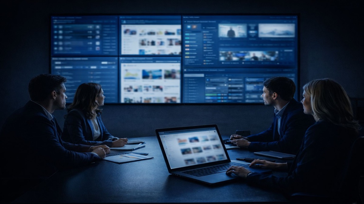 Brand protection platform solution ecosystem - business team in strategic meeting analyzing multi-screen brand monitoring dashboard with comprehensive threat detection displays