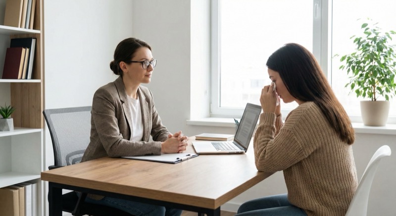 Cam girl sextortion victim support - professional female counselor helping distressed woman in confidential consultation