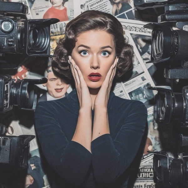 Celebrity sextortion fame target - high-profile individual overwhelmed by media attention becoming vulnerable to reputation threats and extortion schemes