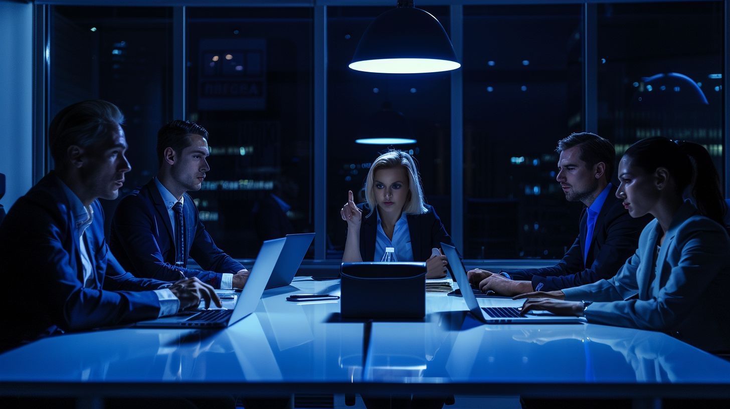 Complete Reddit content protection solution - professional crisis management team of five specialists conducting strategic meeting in modern office with blue lighting coordinating comprehensive Reddit monitoring and brand protection strategy