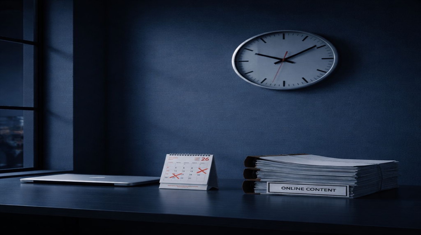 إزالة المحتوى تصبح أصعب مع مرور الوقت - ساعة حائط فوق مكتب مع تقويم محدد يظهر تواريخ مشطوبة وملفات مكدسة تمثل ضغط الوقت العاجل حيث يصبح المحتوى غير المرغوب فيه مخزناً ومفهرساً ومضمناً بشكل دائم مما يتطلب إجراء إزالة مهنية فورية