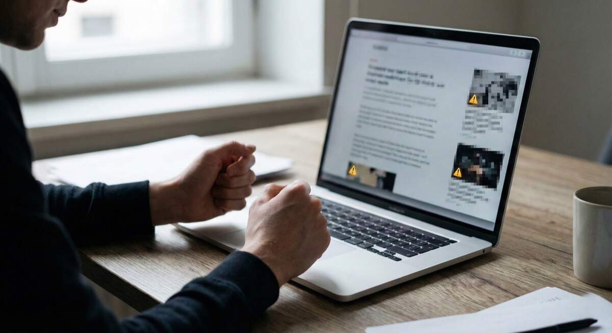 Content removal reputation damage alert - concerned businessman viewing laptop with warning notifications showing unwanted online content harming personal and professional reputation