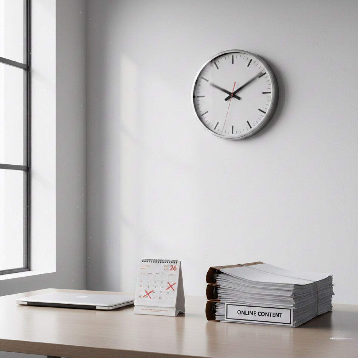Content removal time sensitive urgency - wall clock and stacked documents symbolizing how content removal becomes increasingly difficult with time passage and delayed action