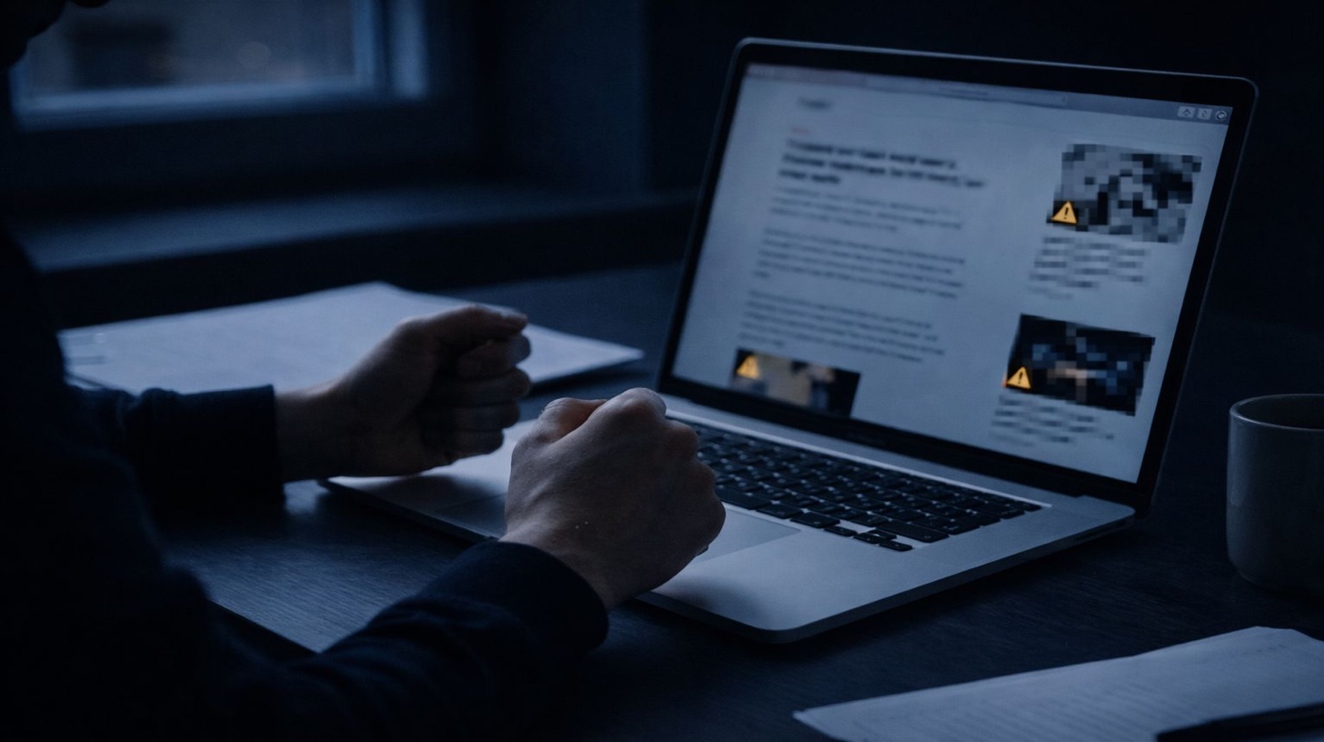 Content Removal unwanted content damaging reputation - distressed professional viewing computer monitor displaying negative search results and unwanted online content representing reputation damage from harmful posts reviews and personal information causing career loss business impact and ongoing anxiety requiring immediate professional content removal services