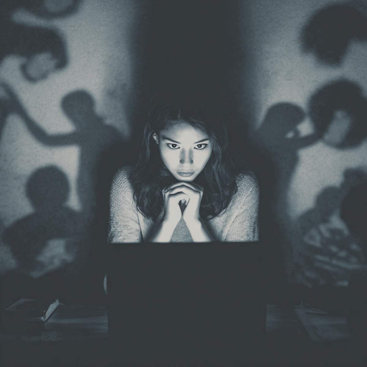 Cyberstalking immediate professional help - victim surrounded by threatening digital stalker silhouettes requiring urgent cybersecurity intervention and protection