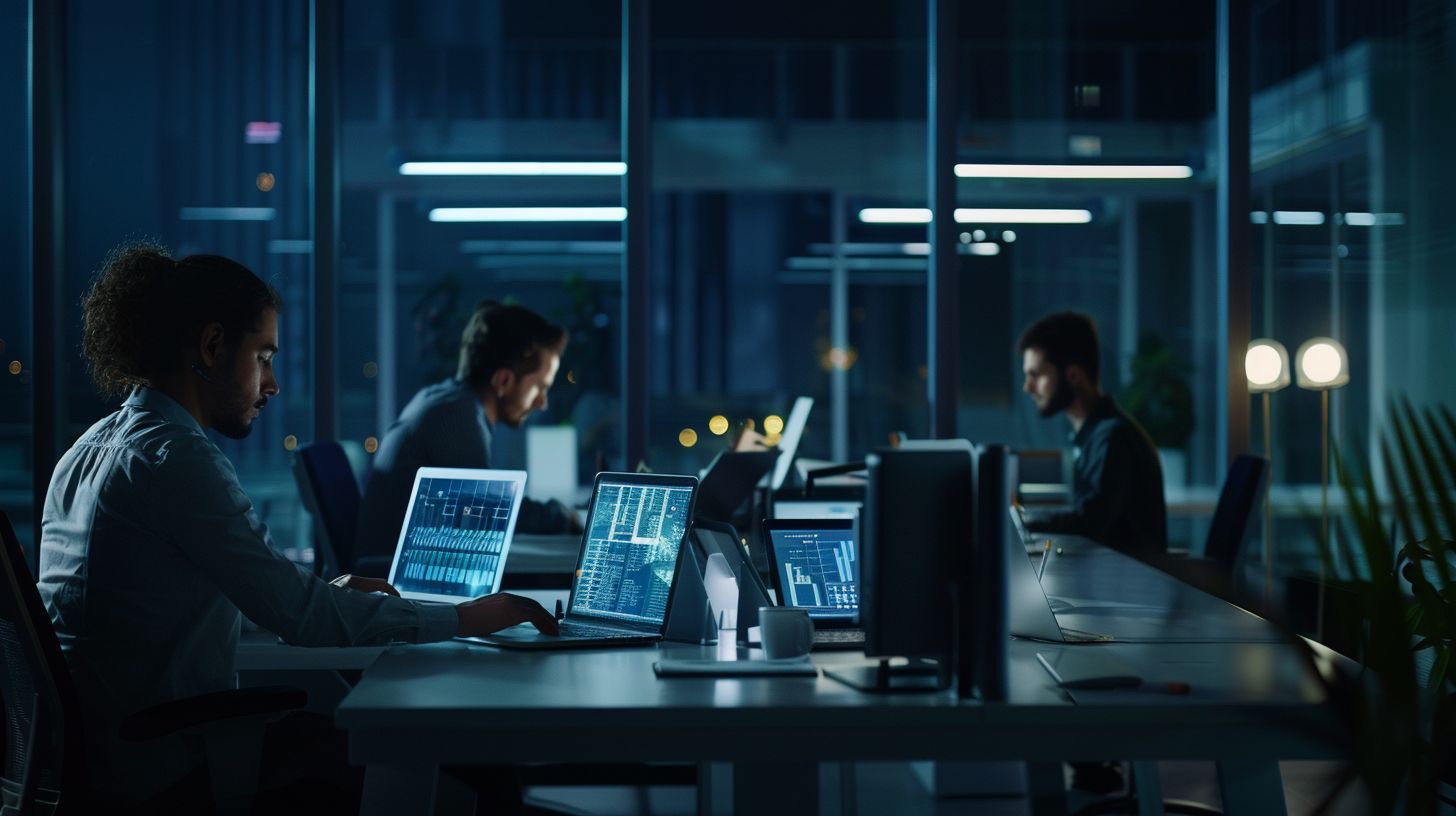 Dating app blackmail solution threat response team - cybersecurity professionals working in operations center analyzing extortion cases and developing comprehensive victim protection strategies