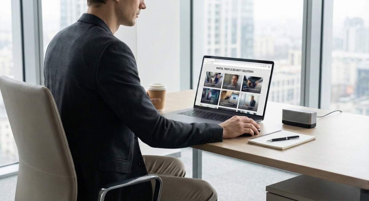 Deepfake removal threatening reputation - business professional examining multiple deepfake video examples on laptop displaying synthetic media content requiring immediate removal