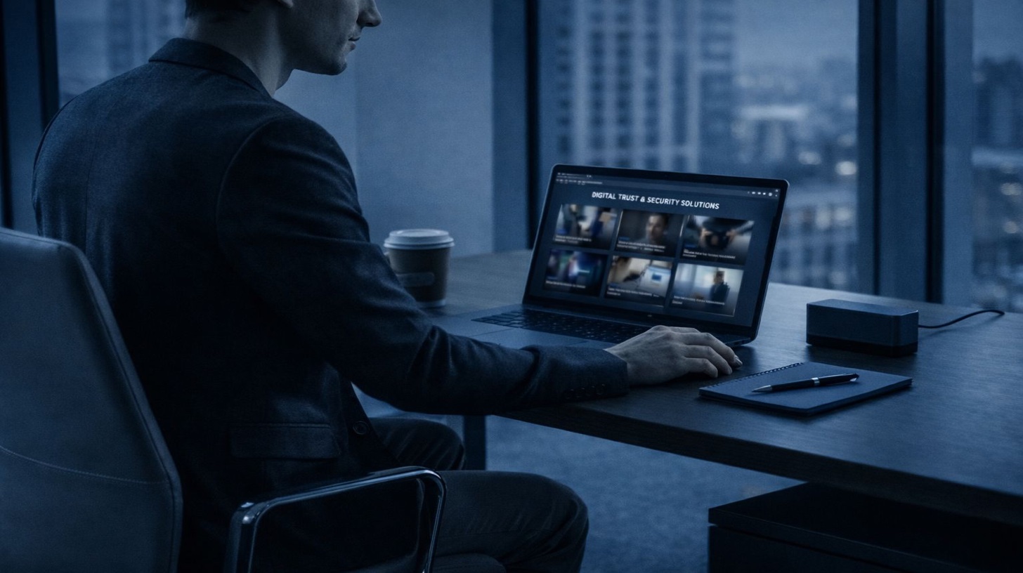 إزالة التزييف العميق - الديب فيك يهدد السمعة - محترف قلق يشاهد حاسوب يعرض حلول أمان الثقة الرقمية مع فيديوهات ديب فيك مولدة بالذكاء الاصطناعي ووسائط اصطناعية ومحتوى مُتلاعب به يمثل تهديدات خطيرة للسمعة وتلف المصداقية واحتيال الهوية ويتطلب خدمات كشف وإزالة التزييف العميق الاحترافية العاجلة