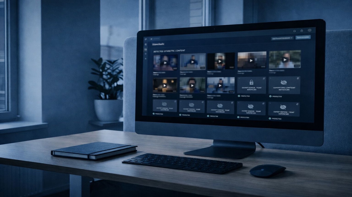 لماذا يجب التصرف فوراً ضد تهديدات التزييف العميق - محترفون قلقون يفحصون حاسوب يعرض لوحة تحليل محتوى ديب فيك مُولّد بالذكاء الاصطناعي مع تنبيهات كشف الوسائط الاصطناعية تمثل تصعيد التهديد العاجل والانتشار الفيروسي وصعوبة الكشف والضرر الدائم للسمعة واحتيال الهوية وتتطلب تدخل كشف وإزالة تزييف عميق احترافي فوري