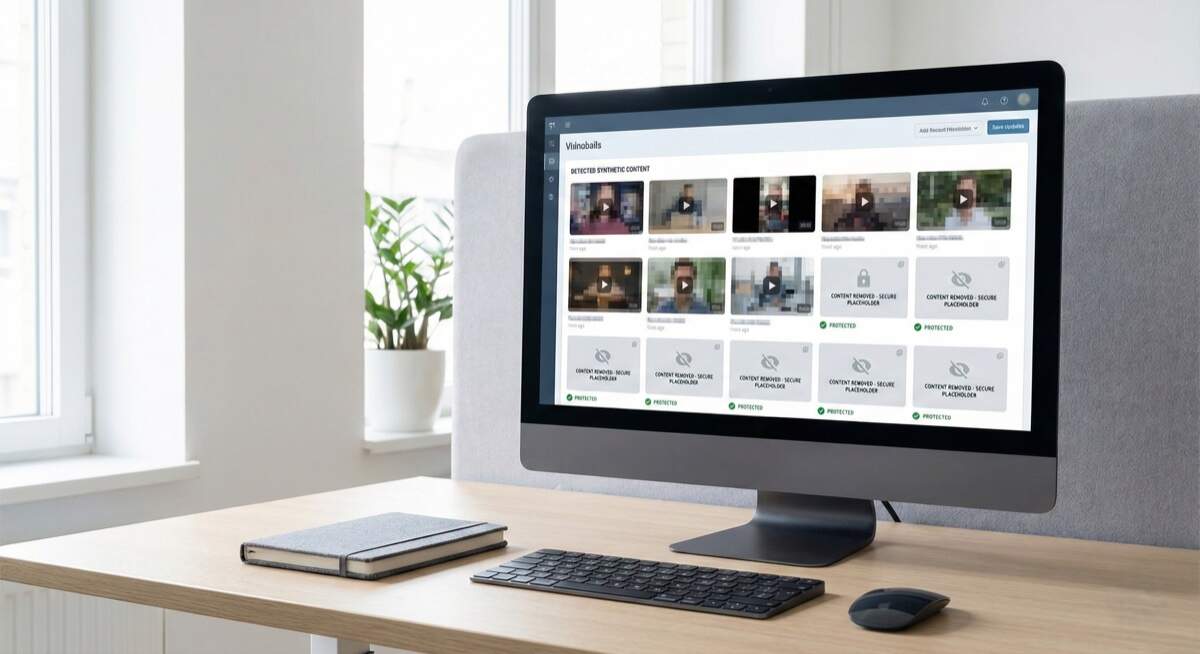 Deepfake removal threats immediate action - computer monitor displaying deepfake detection system analyzing multiple synthetic media samples requiring urgent professional intervention