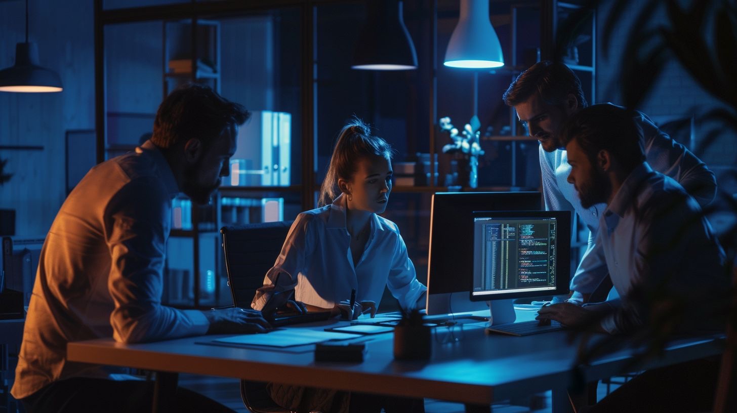 Digital blackmail emergency response team - cybersecurity professionals collaborating on immediate threat assessment and developing comprehensive crisis intervention strategy