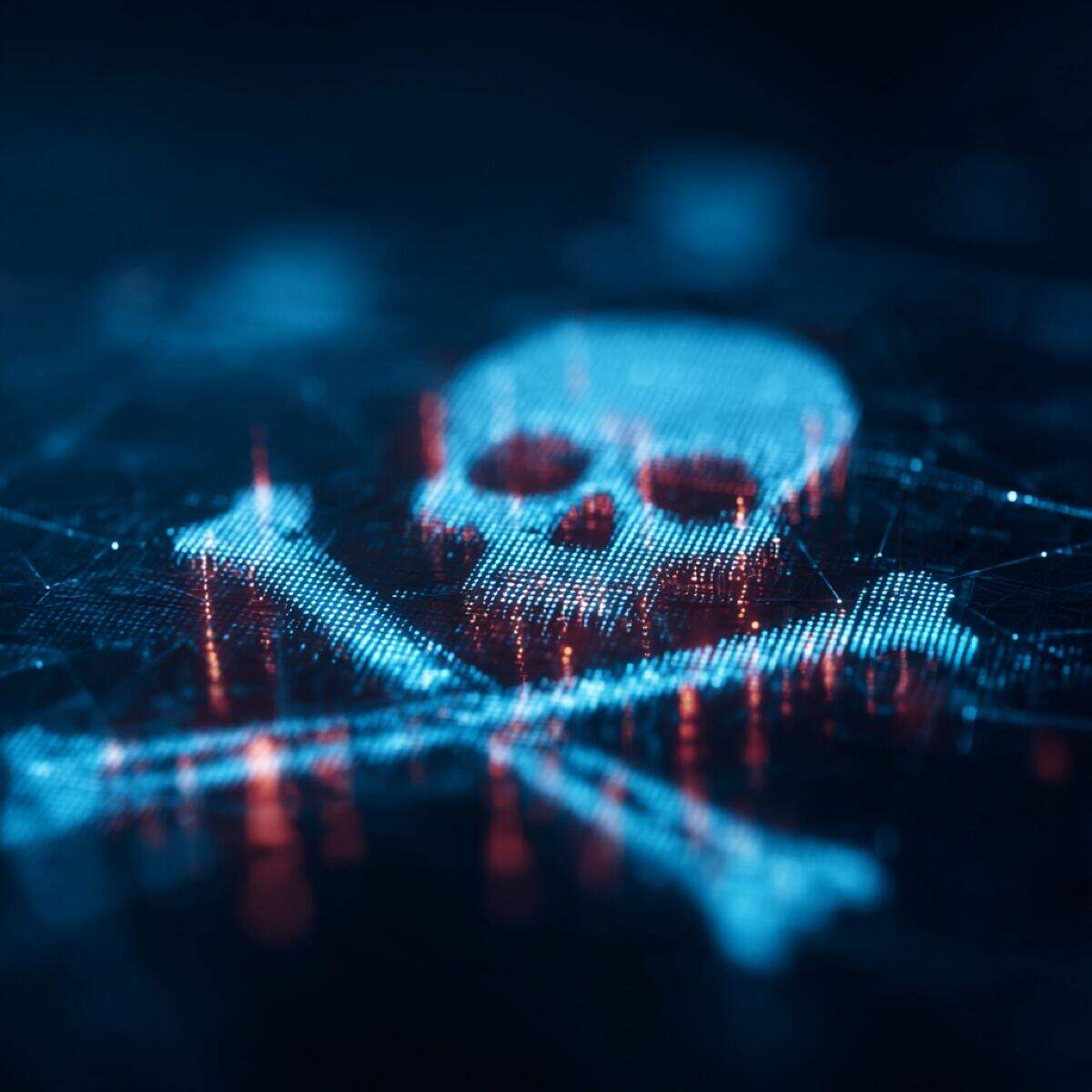 Digital content piracy devastating impact - digital skull formed from data streams representing the destructive threat of content piracy to creators and businesses