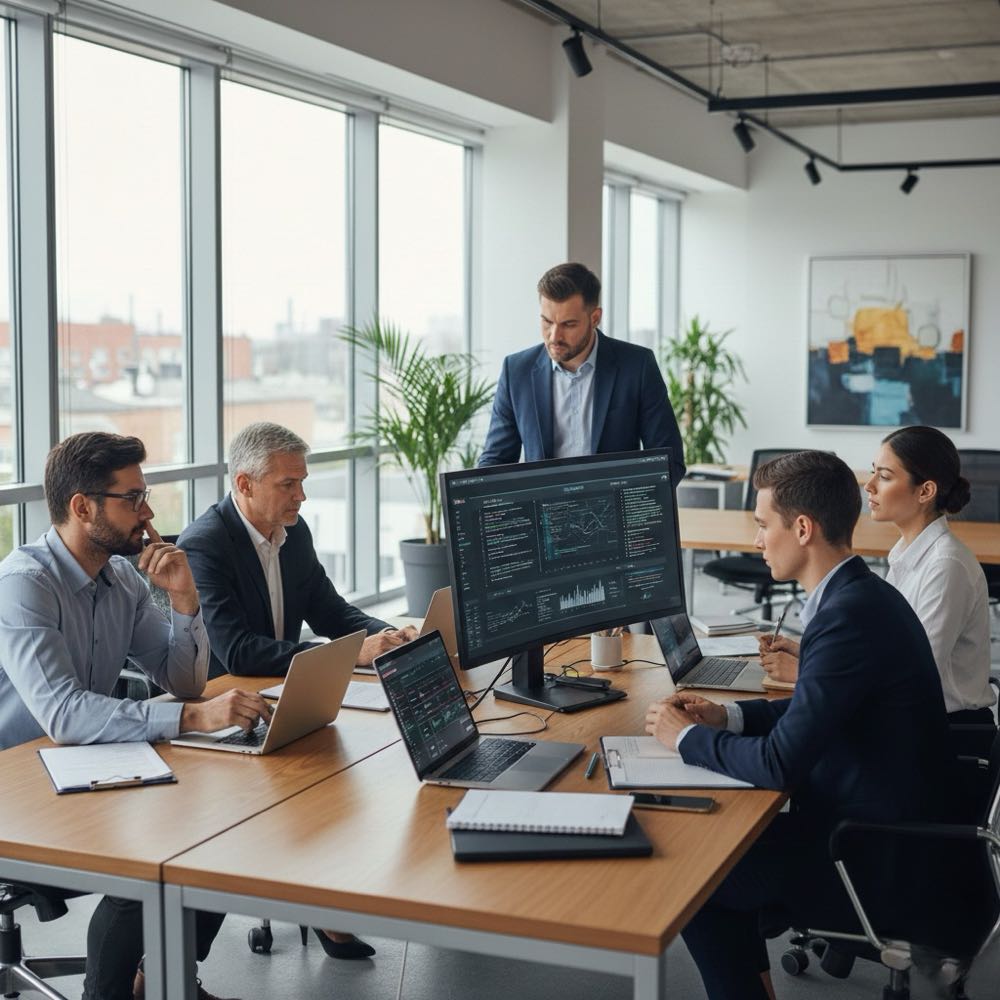 Discord blackmail expert response team - cybersecurity specialists analyzing threats and coordinating immediate action in modern office