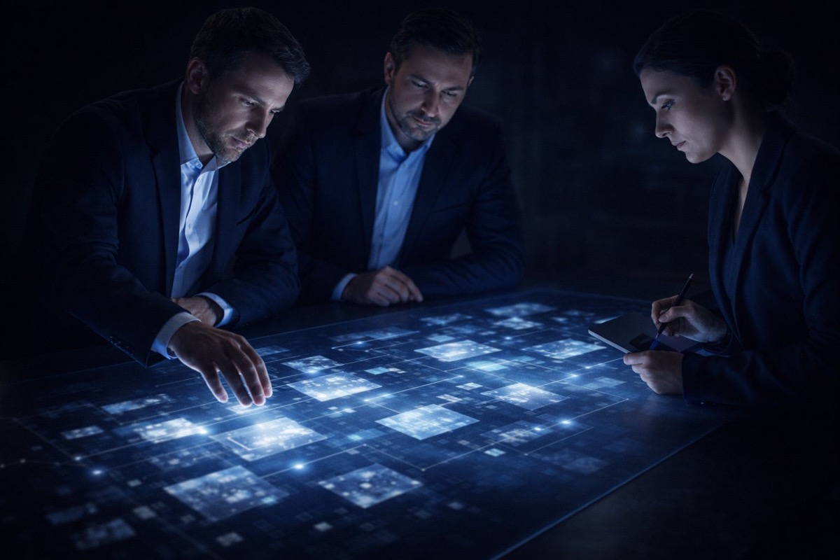 DMCA kaldırma bildirimi çözüm uzman ekip telif analizi - profesyonel ekip holografik ekranda telif hakkı ihlali verilerini analiz ediyor