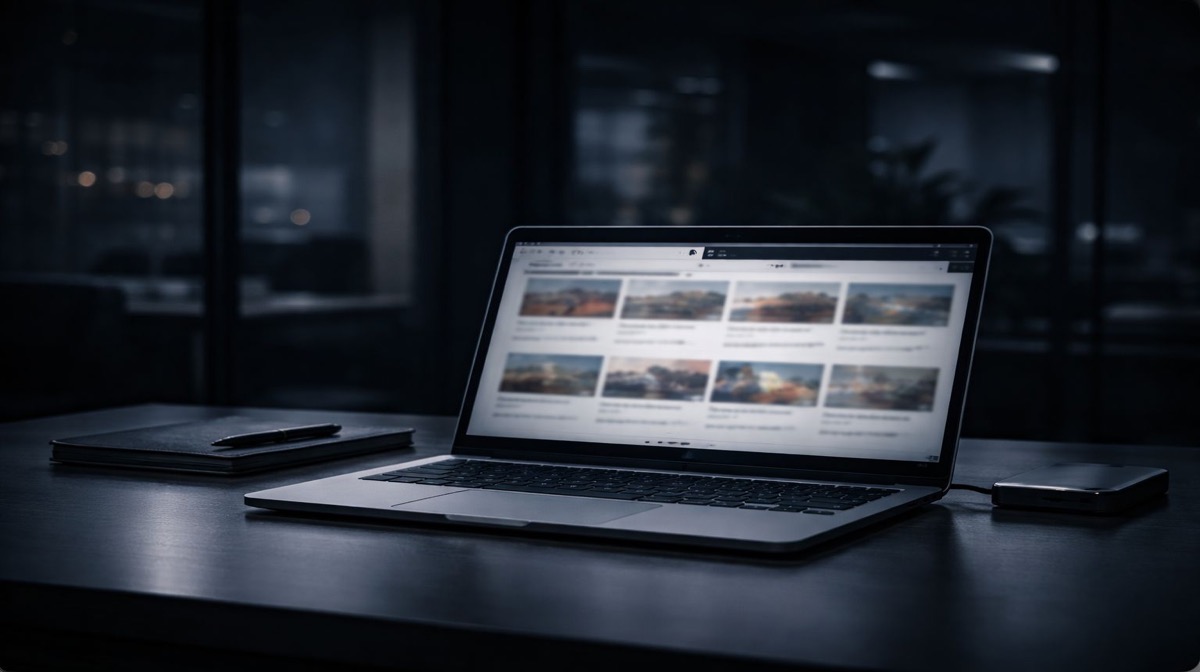 سرقة المحتوى بدون حماية DMCA - حاسوب محمول يعرض انتشار المحتوى المسروق عبر منصات متعددة مع دفتر ملاحظات وهاتف في بيئة عمل احترافية