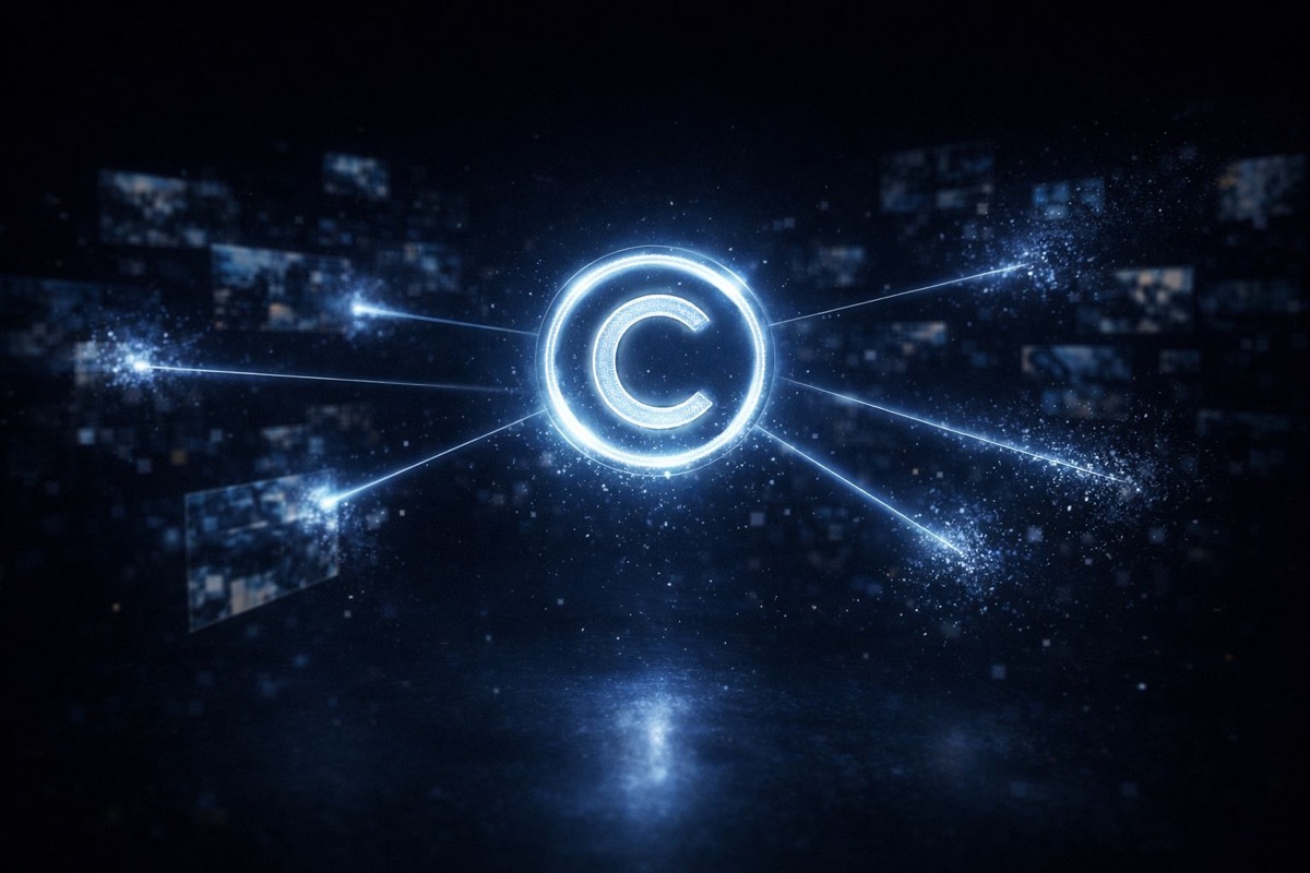طلب إزالة DMCA - رمز حقوق نشر متوهج مع أشعة ضوئية تنتشر إلى شاشات رقمية عائمة تمثل المحتوى المحمي المسروق المنتشر عبر الإنترنت