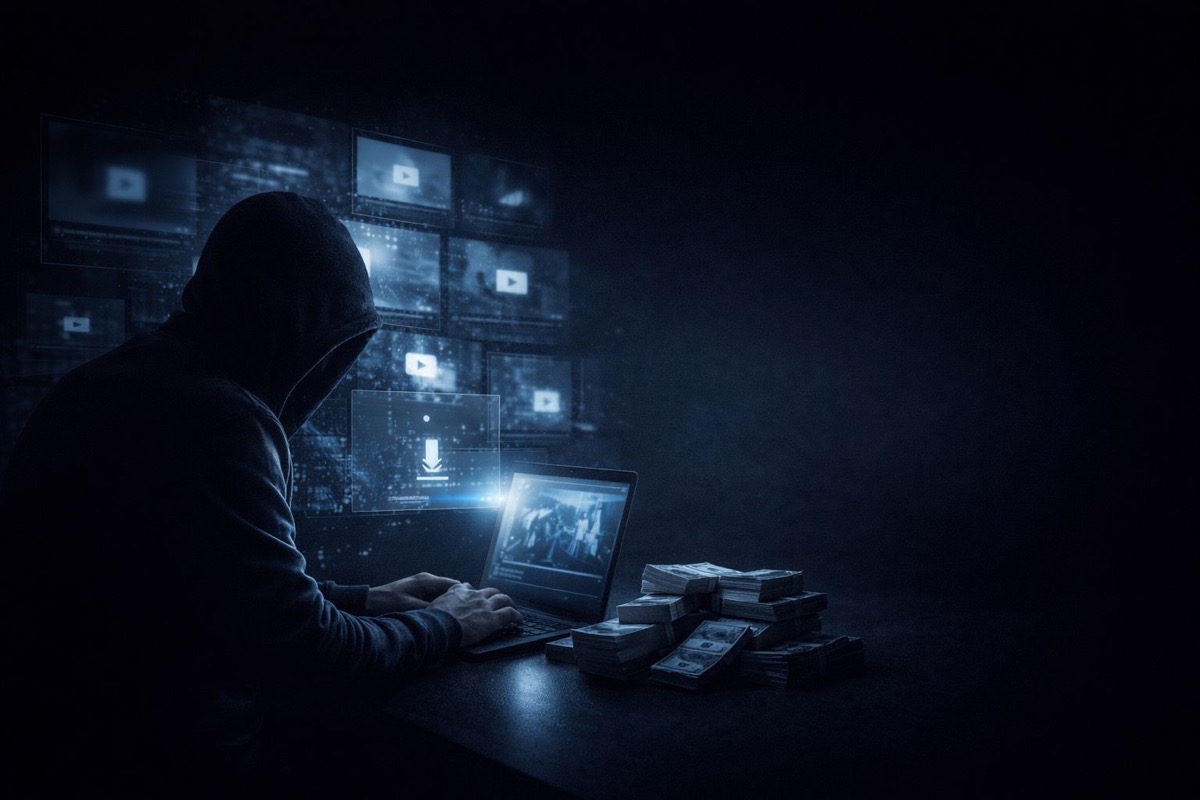 طلب إزالة DMCA من YouTube - شخص مقنع يسرق ويستثمر محتوى فيديو YouTube مع شاشات متعددة وأموال تمثل انتهاك حقوق النشر