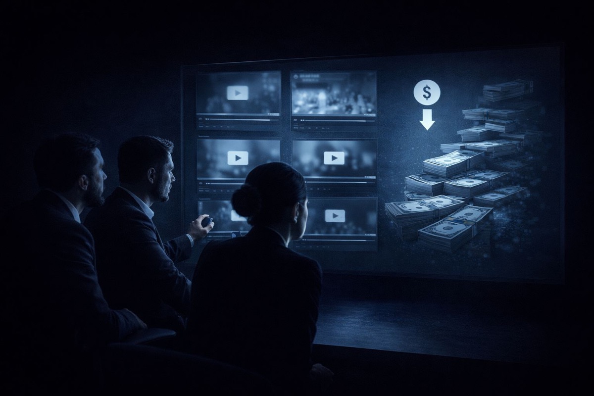 طلب إزالة DMCA من YouTube لماذا تتصرف - فريق يشاهد فيديوهات YouTube مسروقة على شاشة كبيرة مع علامات دولار متراجعة تظهر الخسارة المالية اليومية من سرقة المحتوى