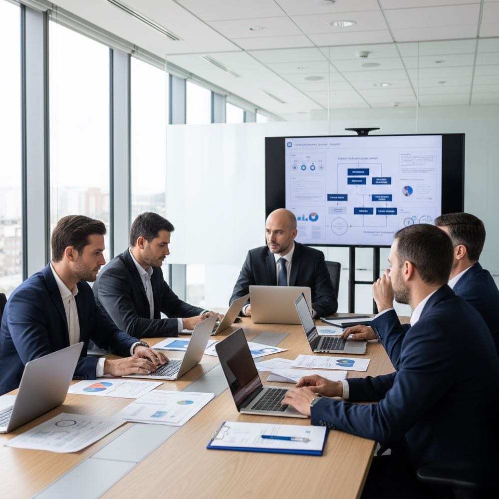 Escort extortion solution - expert team strategizing threat response and victim protection in professional office meeting