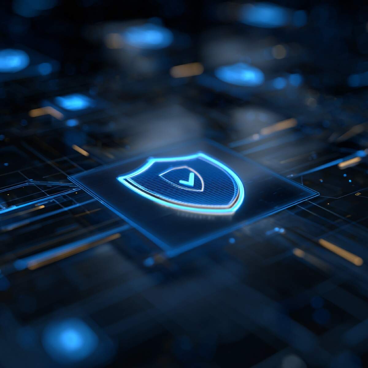 Fanvue professional content protection solutions - futuristic shield security system on digital circuit board representing advanced content protection technology and monitoring systems