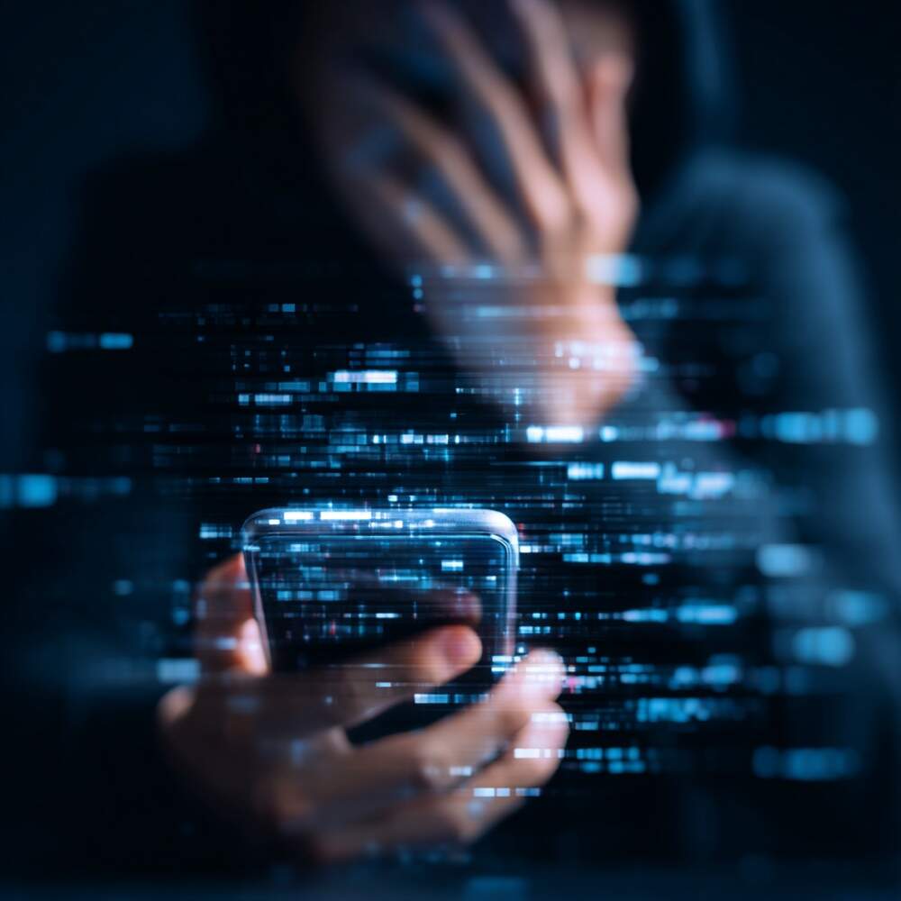 Fas şantaj siber tehdit - endişeli kişi telefonda dijital veri akışı ile karşı karşıya