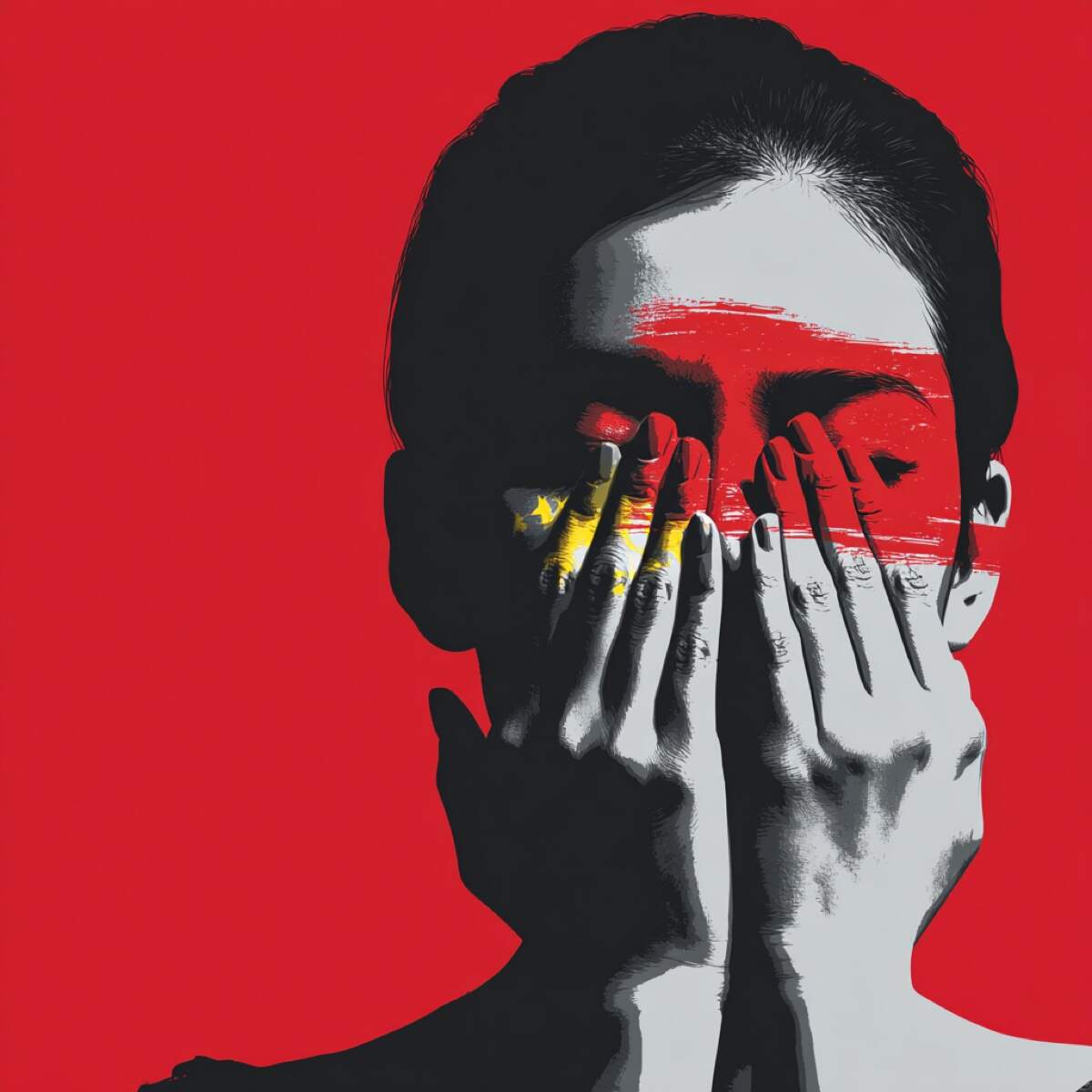 Filipino sextortion stop prevention - woman with Filipino flag hands covering face showing shame and protection needed