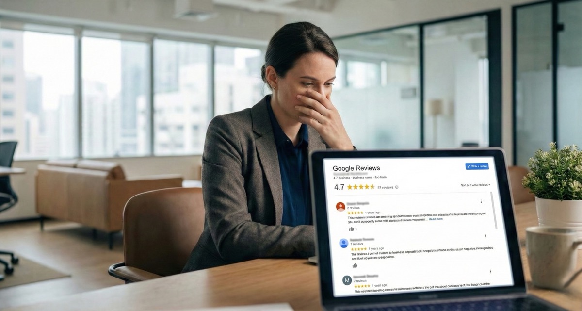 Get online reviews how this affects your business - concerned business owner checking negative Google reviews impact