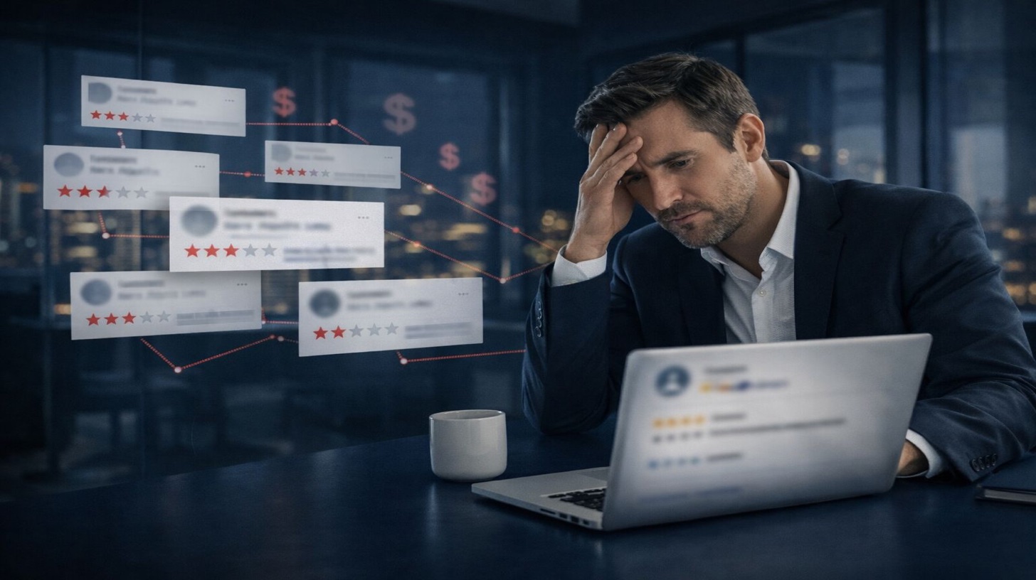 سوء إدارة Google Business يكلف عملاء يومياً - محترفون قلقون يشاهدون انخفاض مقاييس العملاء وتقييمات سلبية على لوحة تحكم Google Business Profile تمثل الحاجة الملحة لإدارة احترافية لمنع خسارة العملاء وانخفاض الإيرادات والعيب التنافسي من ضعف ظهور البحث المحلي