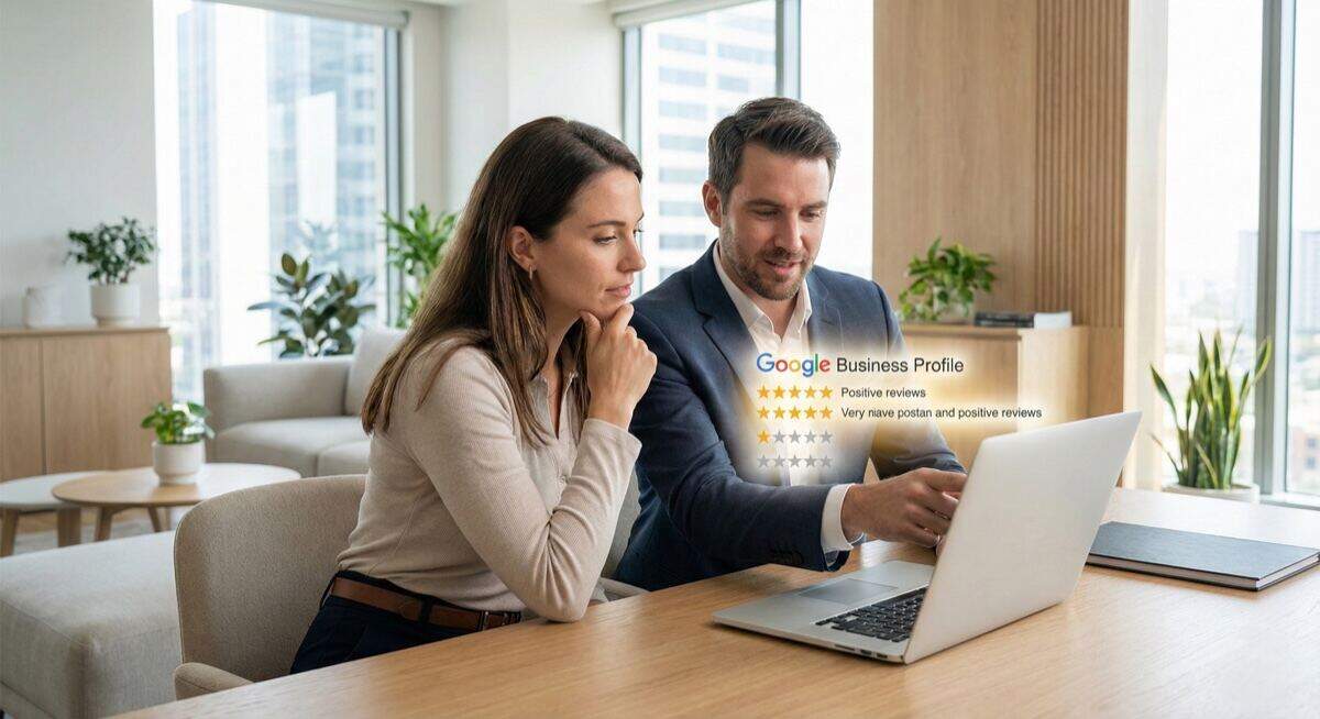 Google Business Profile professional management - business professionals reviewing optimized Google Business listing with positive reviews and high star ratings