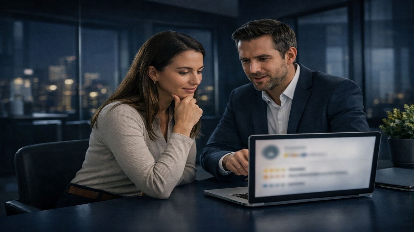 ملف Google Business يحتاج إلى إدارة احترافية - محترفون في استشارة يراجعون أداء قائمة Google Business ومقاييس تصنيف النجوم وتقييمات العملاء على جهاز كمبيوتر محمول يمثل الحاجة إلى تحسين احترافي لملف الأعمال وإدارة التقييمات واستراتيجية البحث المحلي لمنع خسارة الإيرادات والعيب التنافسي